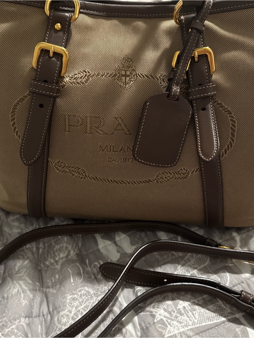 Prada Women’s Tan Canvas Bag with Dark Brown Leather Trim